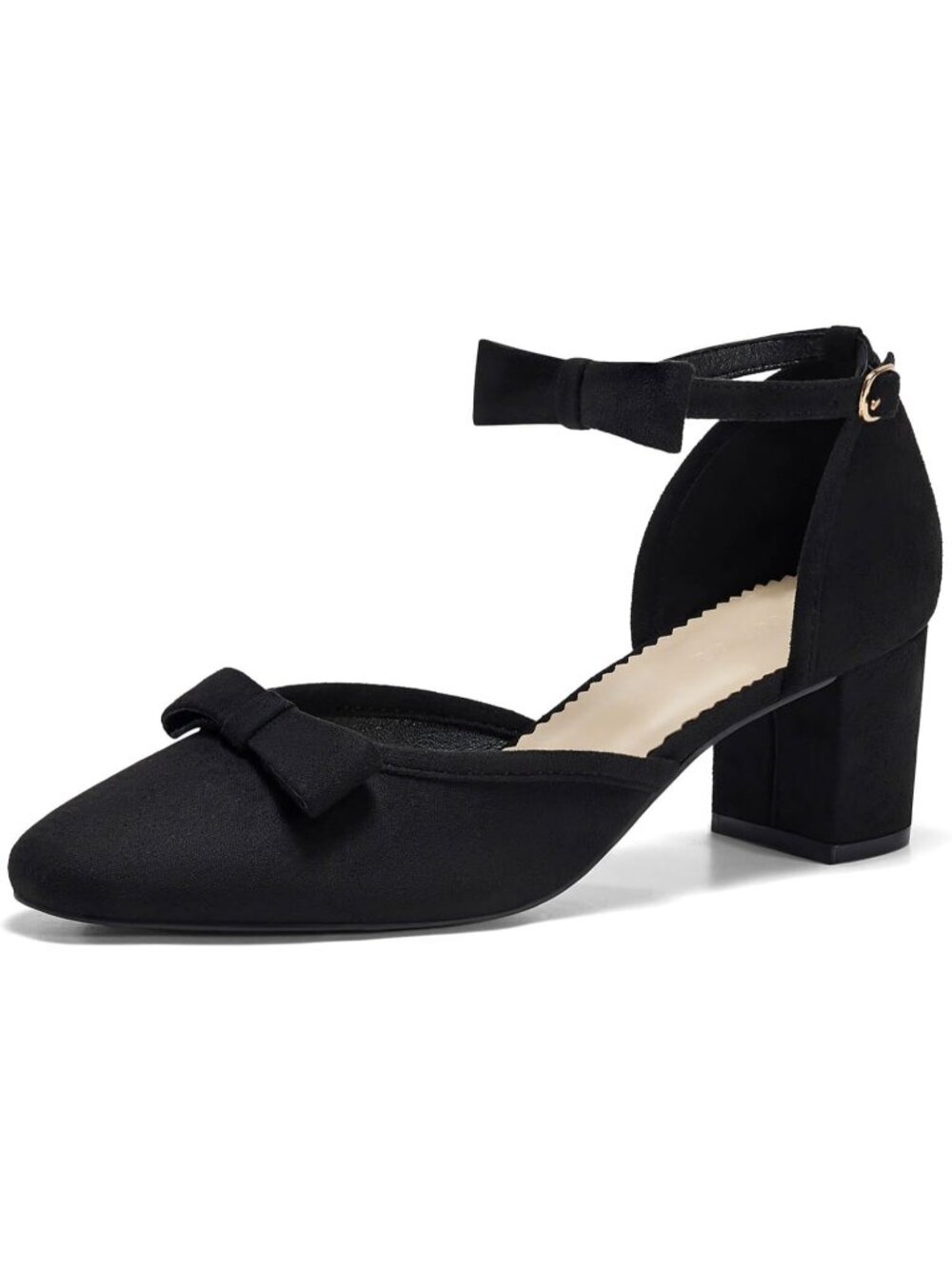 Women's Black Chunky Low Heels Bow Closed Toe Ankle Strap Elegant Wedding Pumps